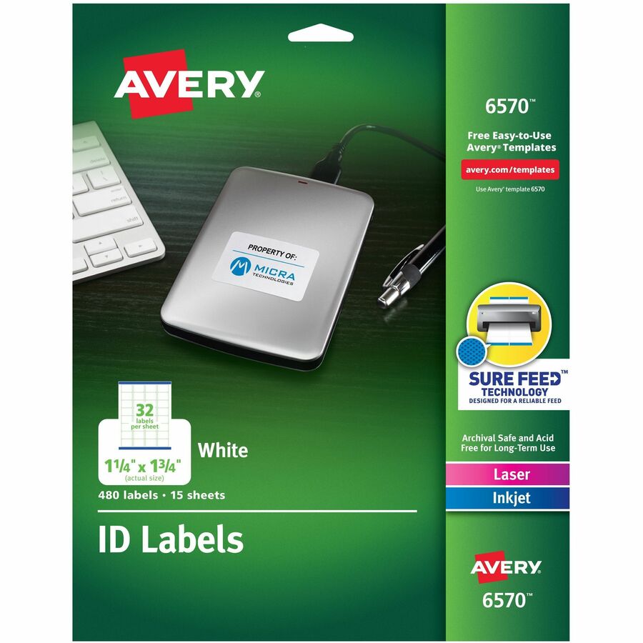 Avery&reg, Laser Inkjet Printer Permanent ID Labels - 1 1/4" Width x 1 3/4" Length - Permanent Adhesive - Rectangle - Inkjet, Laser - White - Paper - 32 / Sheet - 15 Total Sheets - 480 Total Label(s) - 480 / Pack