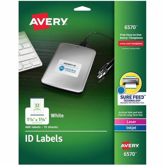 Avery, Laser Inkjet Printer Permanent ID Labels - 1 1/4" Width x 1 3/4" Length - Permanent Adhesive - Rectangle - Inkjet, Laser - White - Paper - 32 / Sheet - 15 Total Sheets - 480 Total Label(s) - 480 / Pack