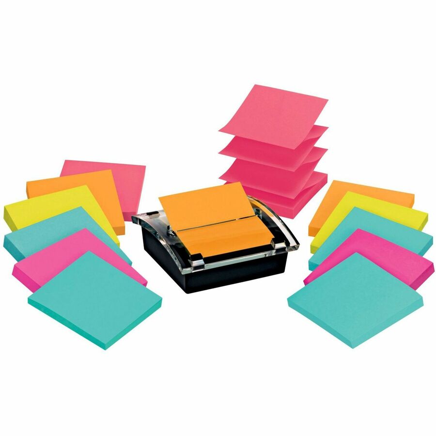 Post-it&reg, Super Sticky Dispenser Notes and Dispenser - 1080 - 3" Flag/Note Width x 3" Flag/Note Length - Square - 90 Sheets per Pad - Unruled - Blue, Orange, Green, Pink - Paper - Self-adhesive - Dispenser Included - 12 / Pack