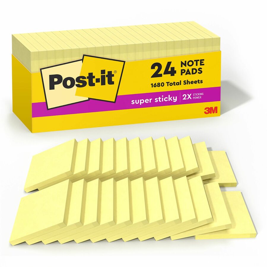 Post-it&reg, Super Sticky Notes - 1680 - 3" Flag/Note Width x 3" Flag/Note Length - Square - 70 Sheets per Pad - Unruled - Yellow - Paper - Self-adhesive, Repositionable - 24 / Pack