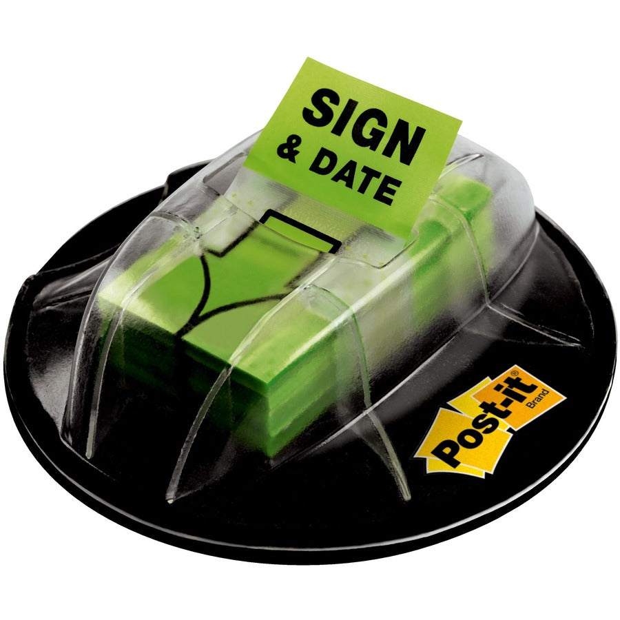 Post-it&reg, Message Flags - 200 x Bright Green - 1" Flag/Note Width x 1 3/4" Flag/Note Length - Arrow, Rectangle - Unruled - Sign & Date - Green - Removable, Self-adhesive - Dispenser Included - 200 / Pack
