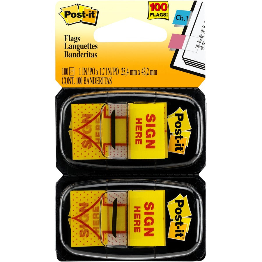 Post-it&reg, Message Flags - 100 x Yellow - 1" Flag/Note Width x 1 3/4" Flag/Note Length - Arrow, Rectangle - Unruled - SIGN HERE - Yellow - Removable, Self-adhesive - Dispenser Included - 100 / Pack