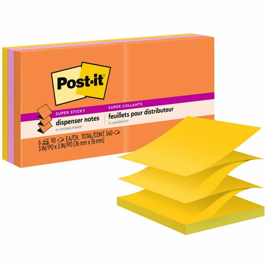 Post-it&reg, Super Sticky Dispenser Notes - Energy Boost Color Collection - 540 - 3" Flag/Note Width x 3" Flag/Note Length - Square - 90 Sheets per Pad - Unruled - Vital Orange, Tropical Pink, Sunnyside - Paper - Self-adhesive, Repositionable - 6 / Pack