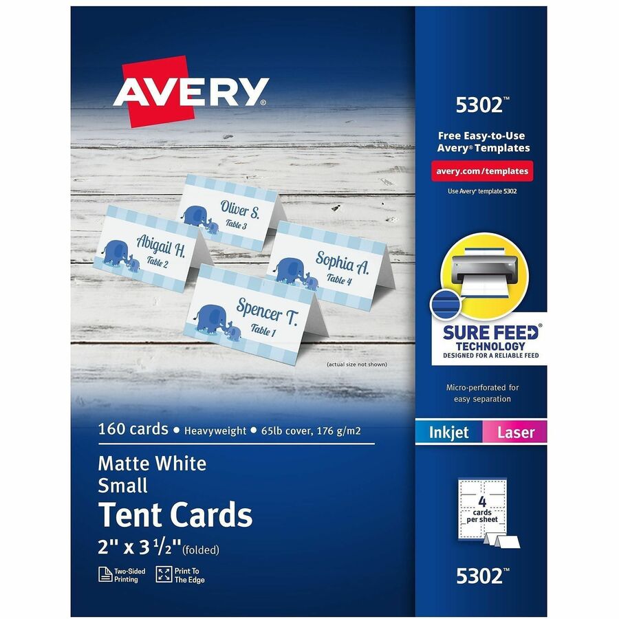 Avery&reg, Tent Cards, 2" x 3.5" , White, 160 Place Cards (5302) - 97 Brightness - 2" x 3 1/2" - 65 lb Basis Weight - 176 g/m², Grammage - Matte - Perforated, Heavyweight, Foldable, Rounded Corner, Jam-free, Smudge-free, Smooth Edge, Printable, Pri...