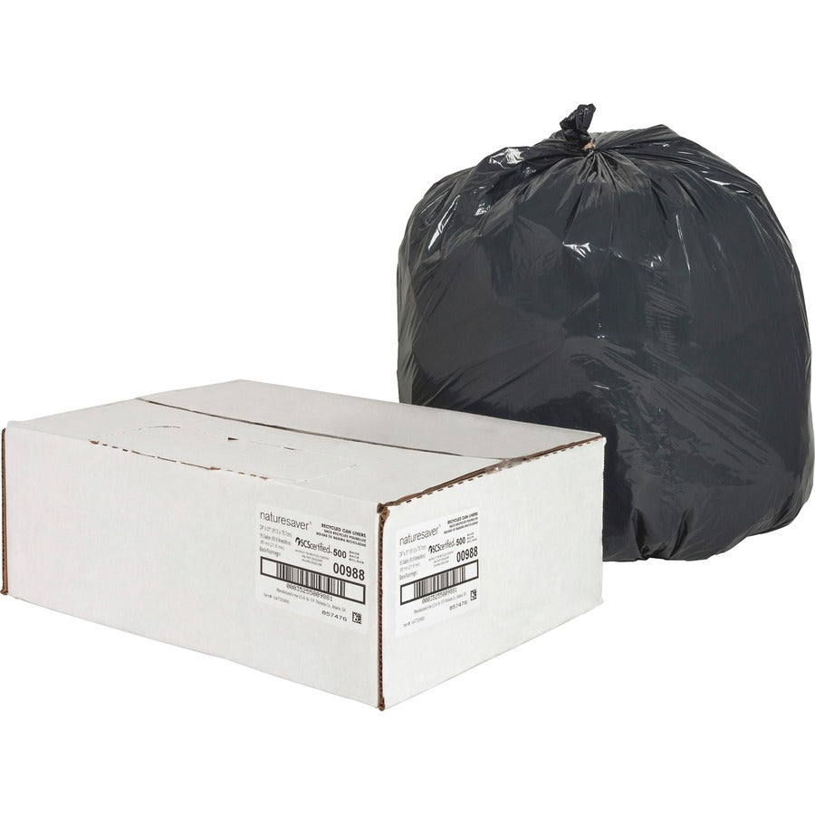 Nature Saver Black Low-density Recycled Can Liners - Small Size - 16 gal Capacity - 33" Length x 24" Width x 0.85 mil (22 Micron) Thickness - Low Density - Black - Plastic - Cleaning Supplies - 1 Carton