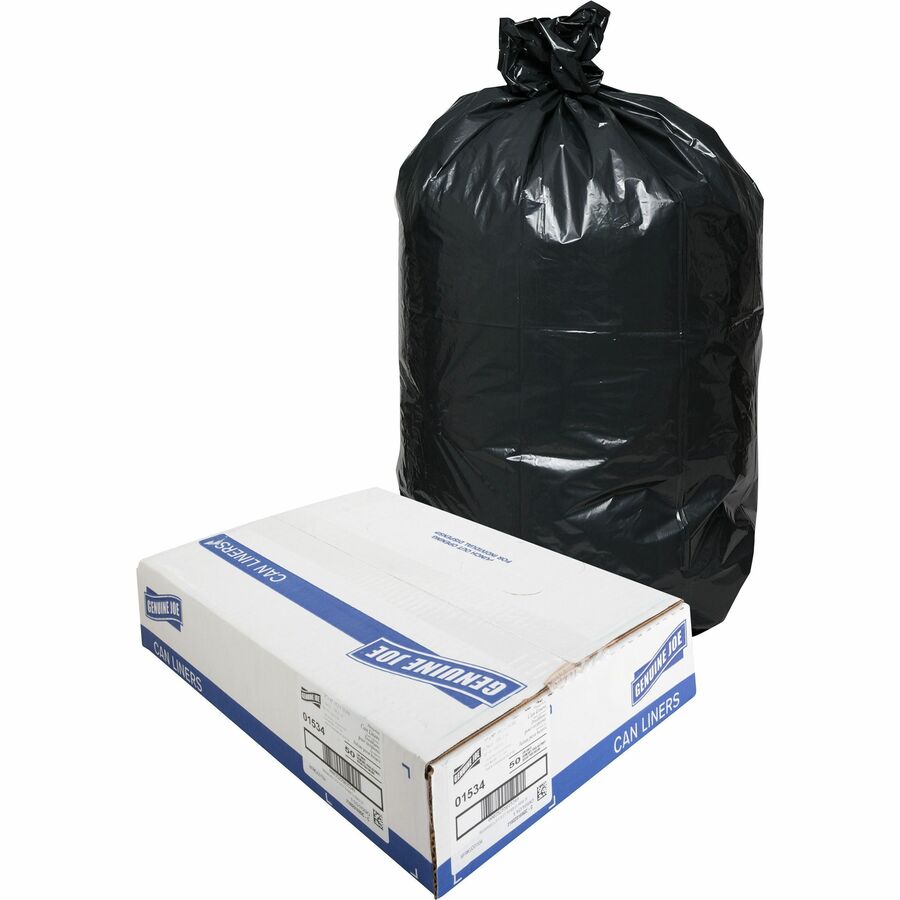 Genuine Joe Heavy-Duty Trash Can Liners - Large Size - 45 gal Capacity - 46" Length x 39" Width x 1.50 mil (38 Micron) Thickness - Low Density - Black - 50/Box - 1 Carton