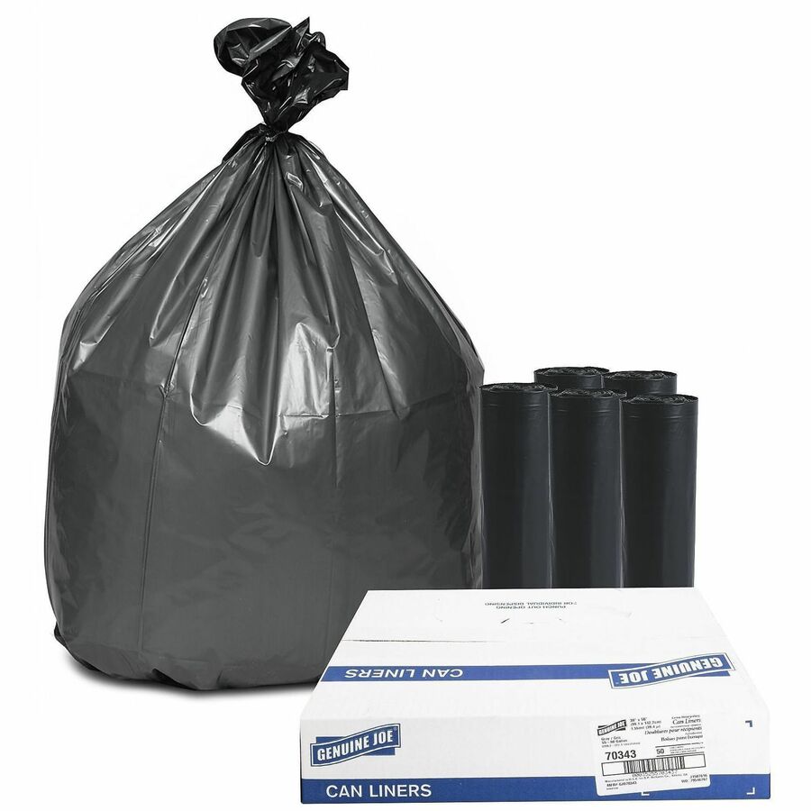 Genuine Joe Maximum Strength Trash Can Liner - Extra Large Size - 60 gal Capacity - 56" Length x 39" Width x 1.55 mil (39 Micron) Thickness - Low Density - Silver - Plastic Resin - Food Waste, Office Waste, Can, Debris - 50 / Carton