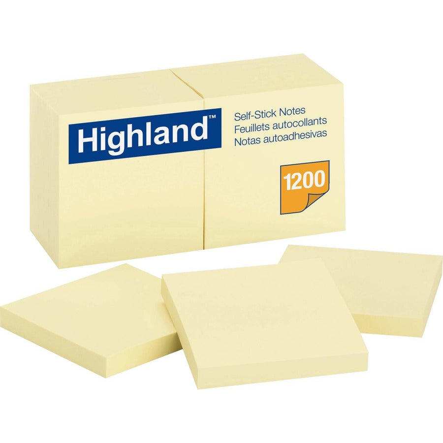 Highland Self-Sticking Notepads - 1200 - 3" Flag/Note Width x 3" Flag/Note Length - Square - 100 Sheets per Pad - Unruled - Yellow - Paper - Self-adhesive - 1 Pack
