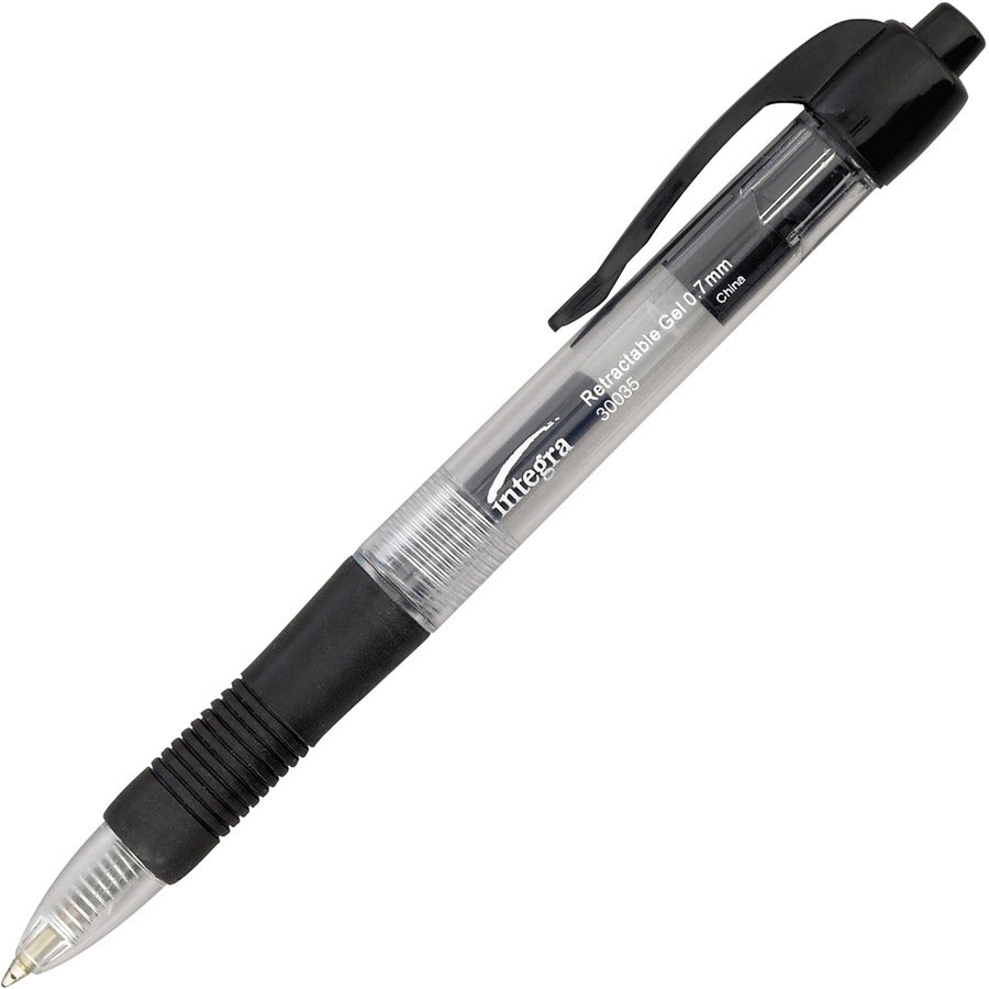 Integra Retractable 0.7mm Gel Pens - Retractable - Black Ink - Gel-based - Clear Barrel - Metal Tip - 12 / Dozen