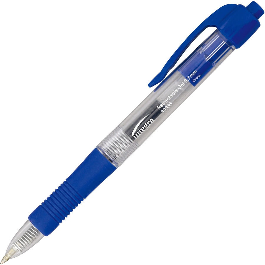 Integra Retractable 0.7mm Gel Pens - Retractable - Blue Ink - Gel-based - Clear Barrel - Metal Tip - 12 / Dozen