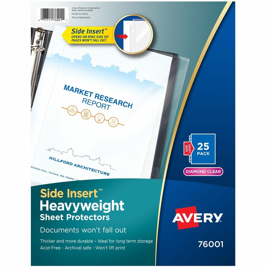 Avery&reg, Side Insert Sheet Protectors - For Letter 8 1/2" x 11" Sheet - 3 x Holes - Ring Binder - Side Loading - Clear, Diamond Clear - Polypropylene - 1 Pack