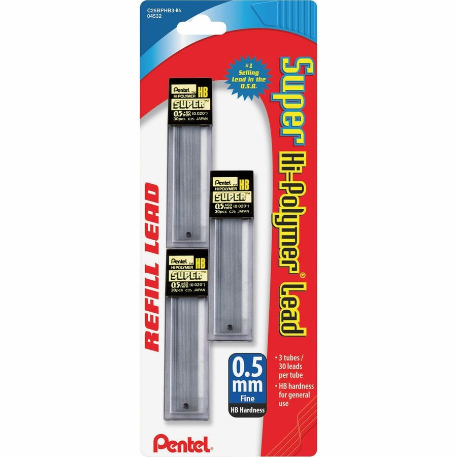 Pentel Super Hi-Polymer Leads - 0.5 mm , Fine Point - HB - Graphite Lead - 30/Tube - 1 Pack