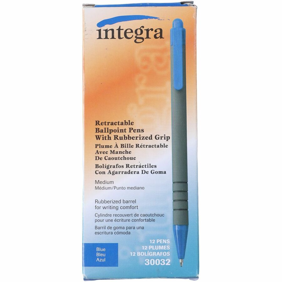 Integra Rubber Barrel Retractable Ballpoint Pens - Retractable - Blue Ink - Rubber Barrel - 12 / Dozen