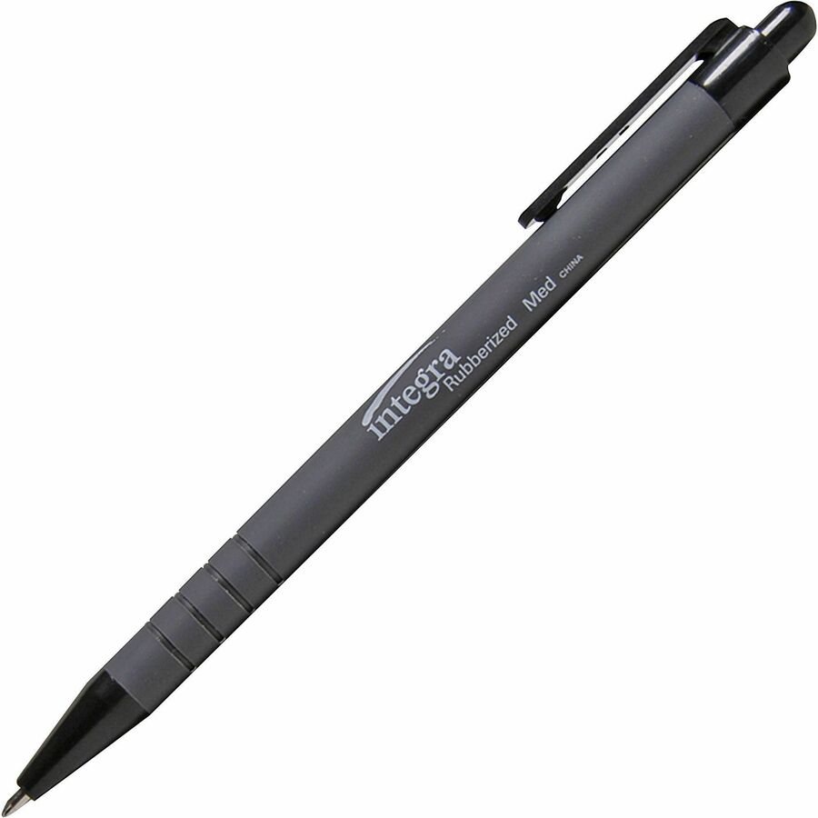 Integra Rubber Barrel Retractable Ballpoint Pens - Retractable - Black Ink - Rubber Barrel - 12 / Dozen