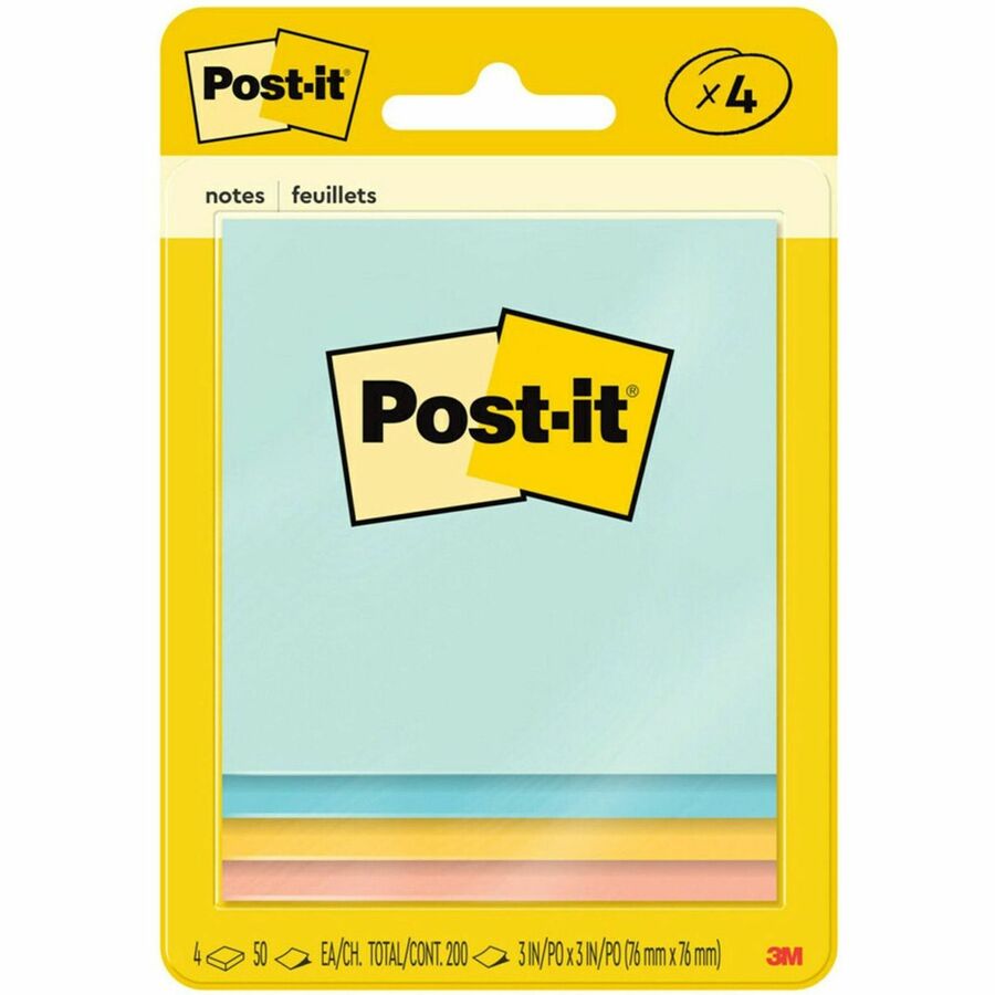 Post-it&reg, Notes Original Notepads -Beachside Caf&eacute, Color Collection - 200 - 3" Flag/Note Width x 3" Flag/Note Length - Square - 50 Sheets per Pad - Unruled - Fresh Mint, Aqua Splash, Sunnyside, Papaya Fizz - Paper - Self-adhesive - 1 Pack