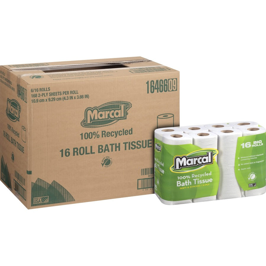 Marcal 100% Recycled Soft/Strong Bath Tissue - 2 Ply - 4.20" Width x 3.60" Length - 168 Sheets/Roll - White - 16 Rolls Per Pack - 16/Pack - 6 / Carton