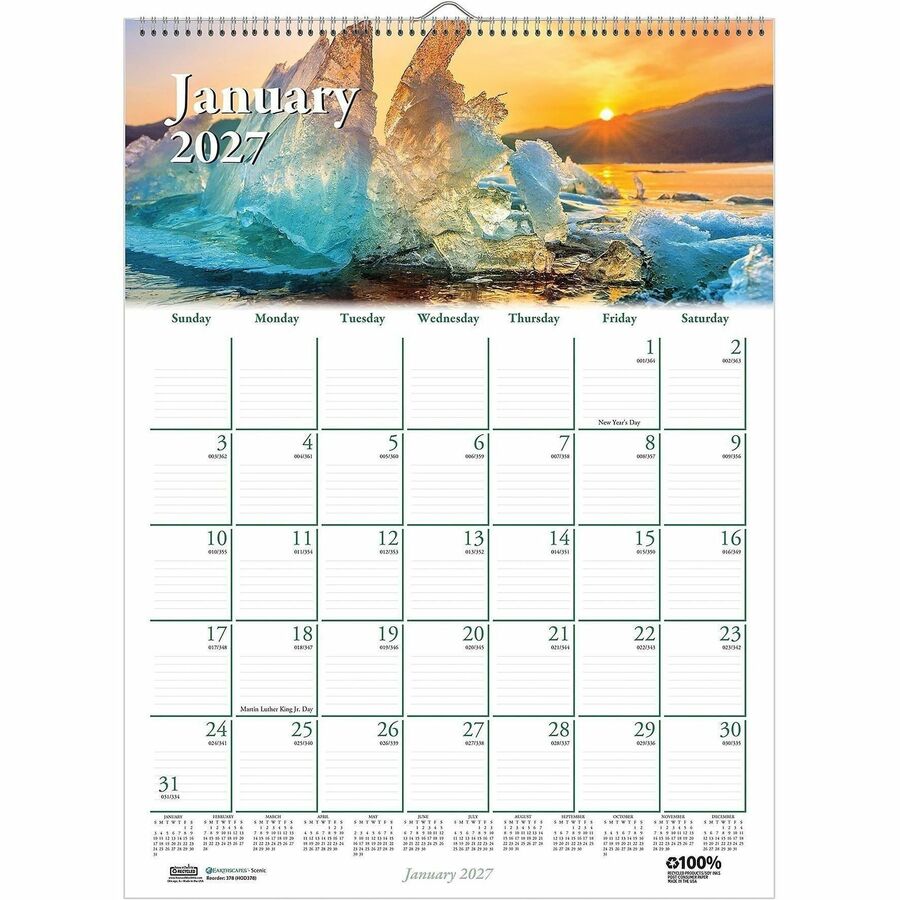 House of Doolittle Earthscapes Scenic Wall Calendars - Julian Dates - Monthly - 1 Year - January 2027 to December 2027 - 1 Month Single Page Layout - 12" x 16 1/2" Sheet Size - 2" x 1.63" Block - Wire Bound - White - Paper - 1 Each