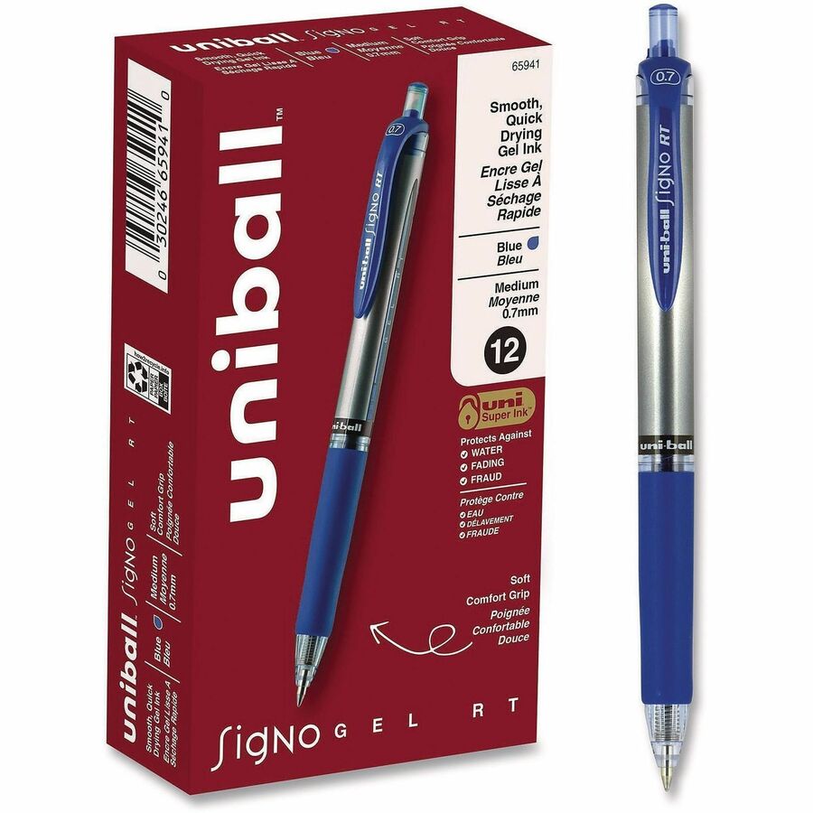 uniball™, SigNo RT Gel Ink Pens - Refillable - Retractable - Blue Ink - Gel-based - Document - 12 / Dozen