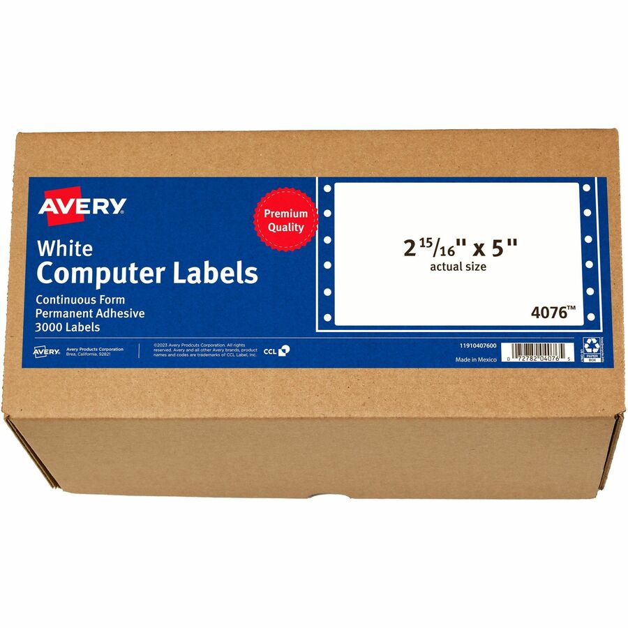 Avery&reg, Address Label - 5" Width x 2 15/16" Length - Permanent Adhesive - Dot Matrix - White - 1 / Sheet - 3000 Total Label(s) - 3000 / Box