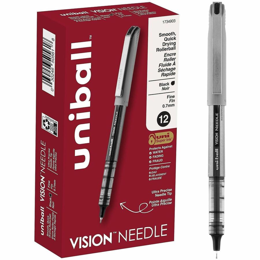 uniball™, Vision Needle Rollerball Pens - Black Ink - Liquid - Silver Barrel - 12 / Dozen