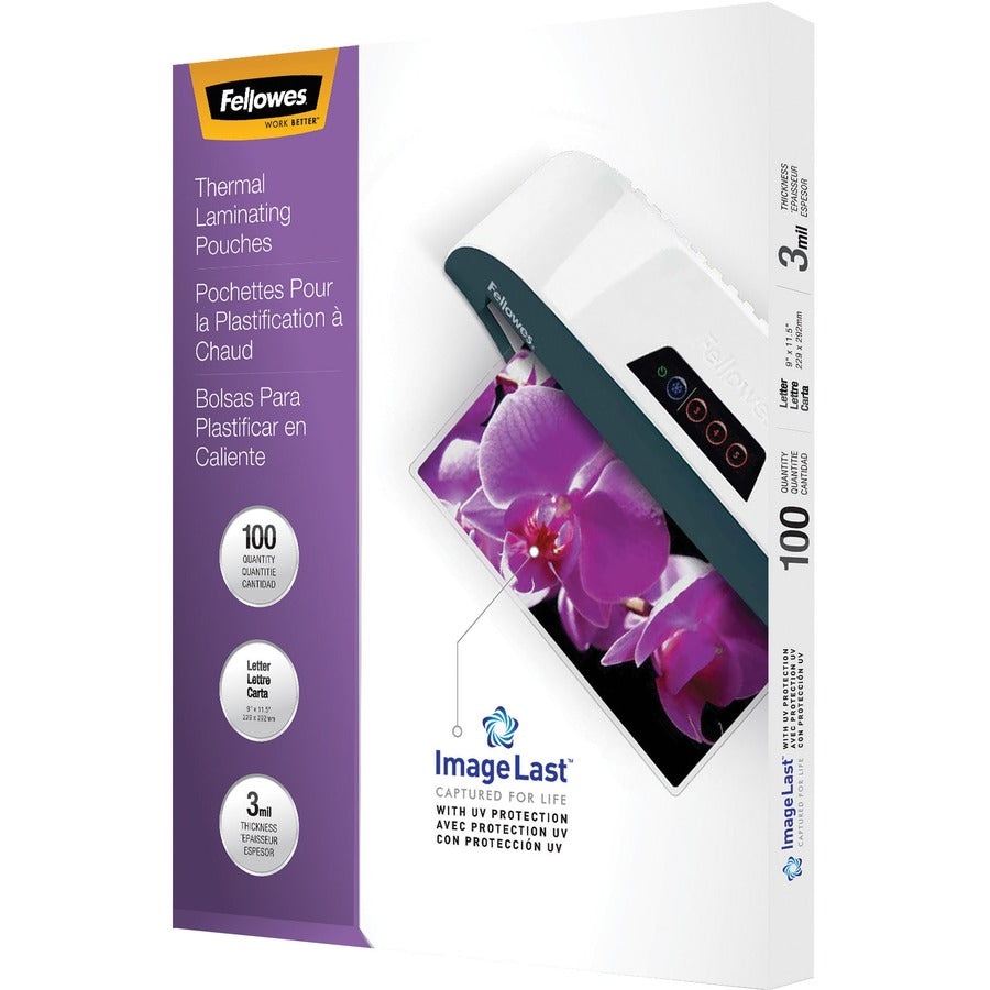Fellowes ImageLast Thermal Laminating Pouches - Sheet Size Supported: Letter 9" Width x 11.50" Length - Laminating Pouch/Sheet Size: 9" Width x 3 mil Thickness - Type G - Glossy - for Document, Photo, Menu - Durable, UV Resistant, Fade Resistant, Water...