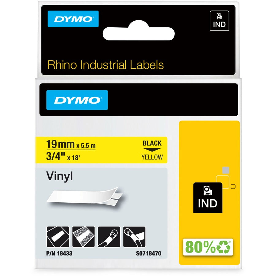 Dymo Colored Industrial Rhino Vinyl Labels - 3/4" Width - Rectangle - Black, Yellow - Vinyl - Water Resistant - 1 Each