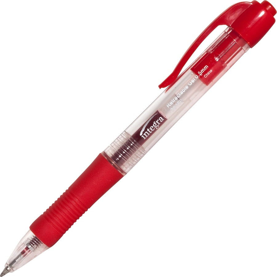Integra Retractable 0.5mm Gel Pens - Retractable - Red Ink - Red Barrel - Metal Tip - 12 / Dozen
