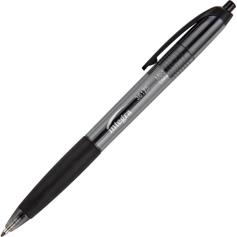 Integra Rubber Grip Retractable Pens - Retractable - Black Ink - Black Barrel - 1 Dozen