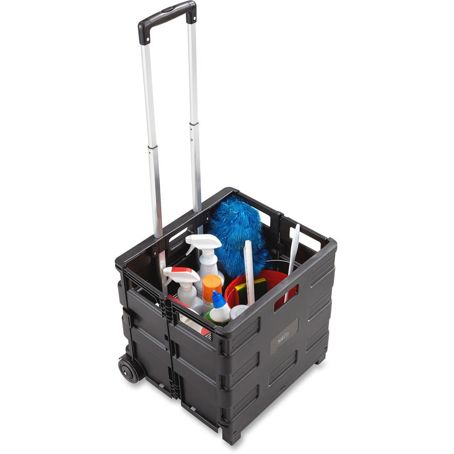 Safco Stow Away Folding Caddy - Telescopic Handle - 50 lb Load Capacity - 2 Casters - 16.50" Width x 14.50" Depth x 39" Height - Black, Silver - 1 Each