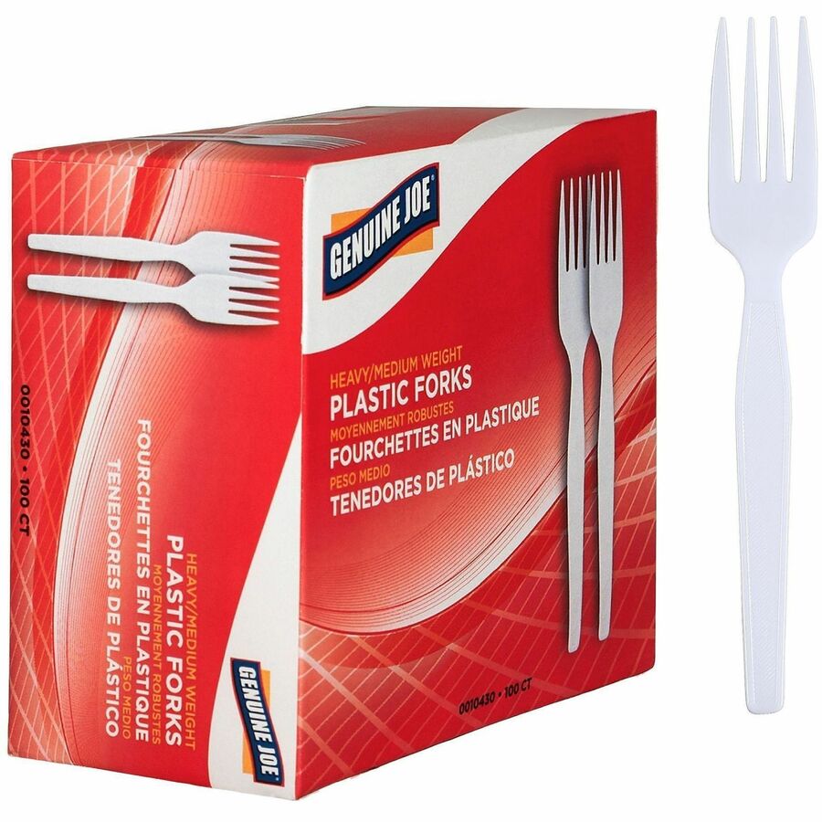 Genuine Joe Medium-Heavyweight Plastic Forks - Disposable - White - 1 Box