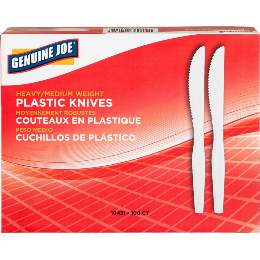Genuine Joe Medium-Heavyweight Plastic Knives - Disposable - White - 100 / Box