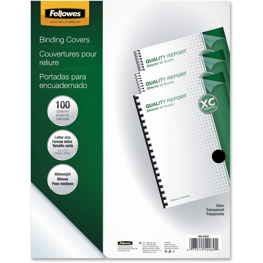 Fellowes Crystals Letter Report Cover - 8 1/2" x 11" - Plastic - Clear - Tear Resistant, Spill Proof, Unpunched, Square Corner - 100 / Pack