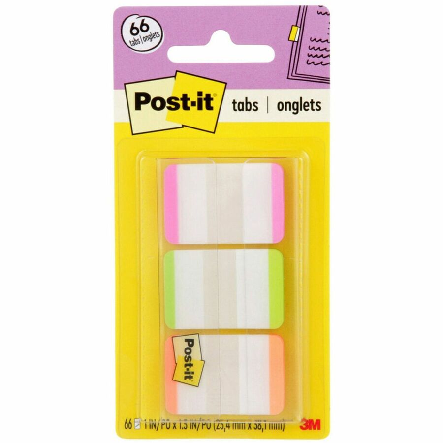 Post-it&reg, Durable Tabs - 66 Write-on Tab(s) - 1.50" Tab Height x 1" Tab Width - Pink, Green, Orange Tab(s) - Repositionable - 66 / Pack