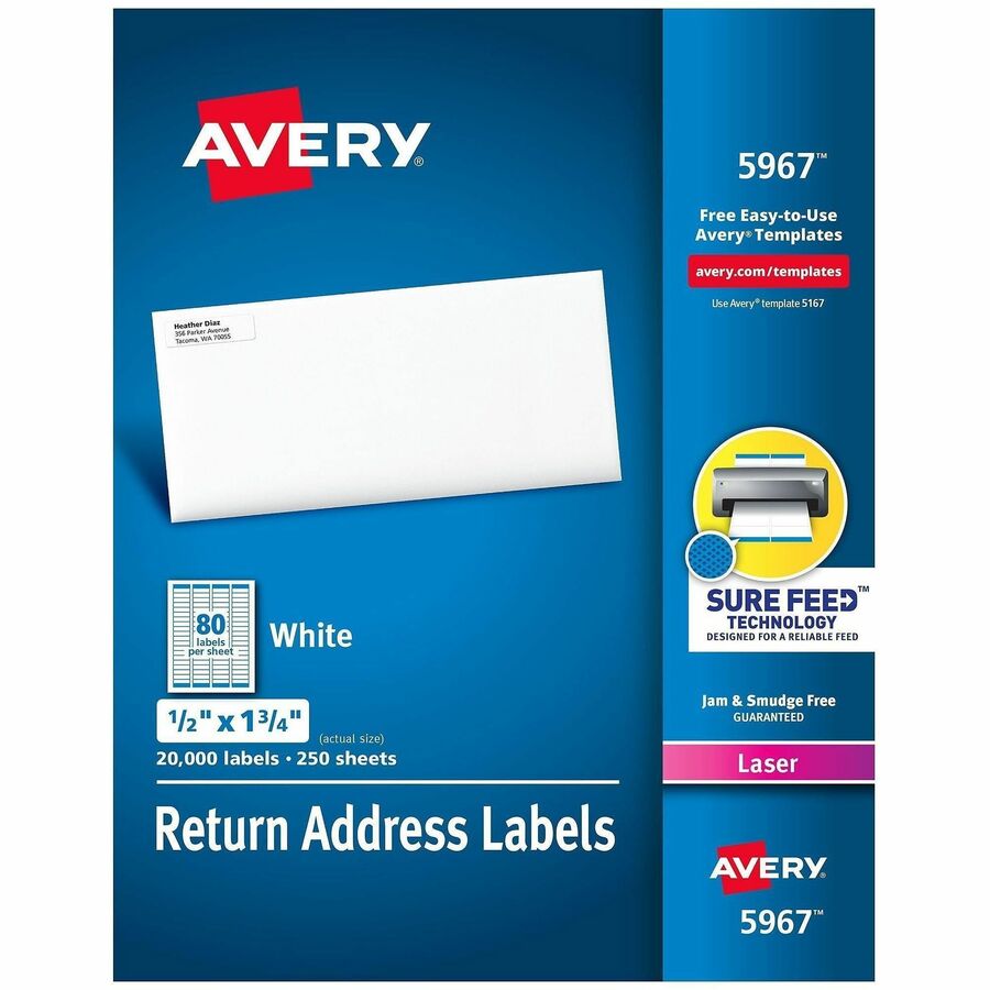 Avery&reg, Address Labels, Sure Feed, 1/2" x 1-3/4" , 20,000 Labels (5967) - x 1/2" Width x 1 3/4" Length - Permanent Adhesive - Rectangle - Laser - Matte - White - Paper - 80 / Sheet - 250 Total Sheets - 20000 Total Label(s) - For Label Printer - 1 Box