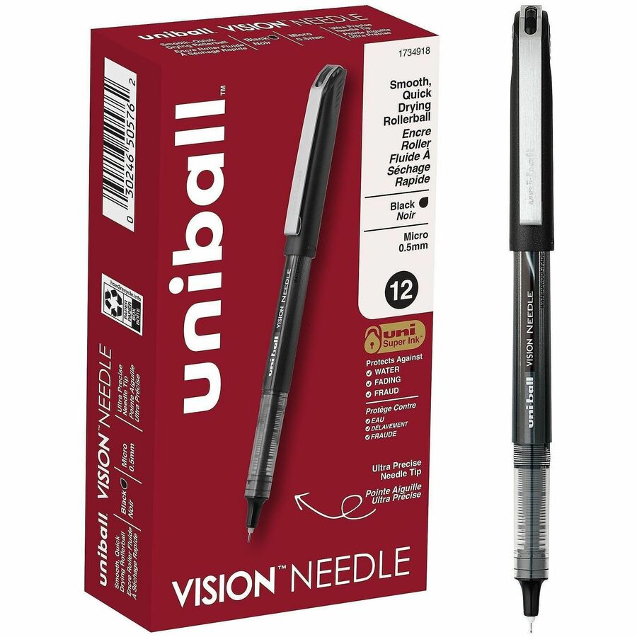 uniball™, Vision Needle Rollerball Pens - Black Ink - Liquid - 12 / Dozen