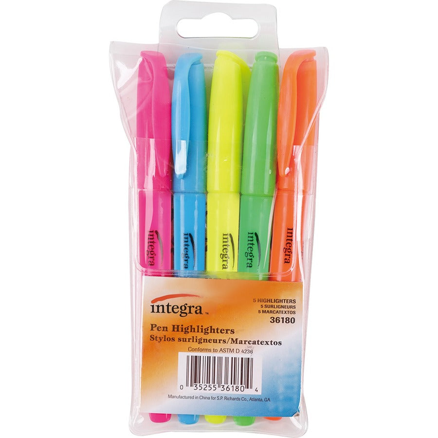 Integra Pen Style Fluorescent Highlighters - Assorted Ink - 5 / Set