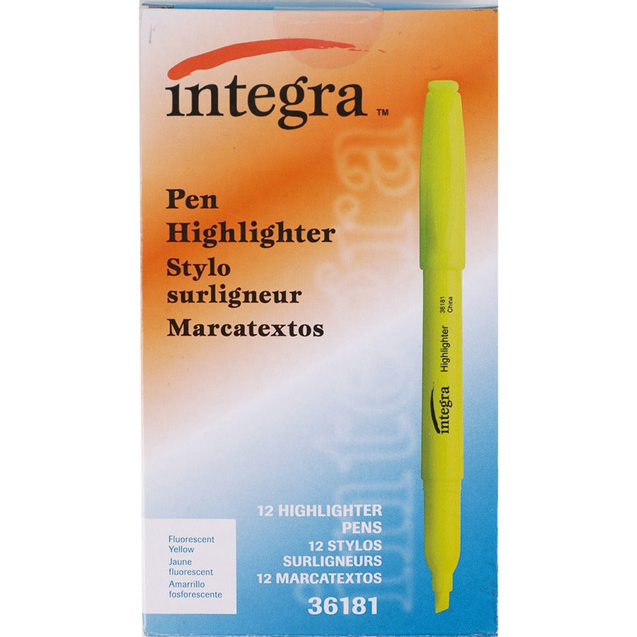 Integra Pen Style Fluorescent Highlighters - Yellow Ink - 12 / Dozen