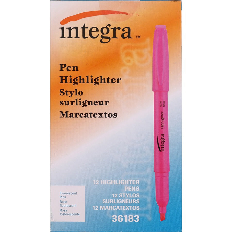 Integra Pen Style Fluorescent Highlighters - Fluorescent Pink Ink - 12 / Dozen