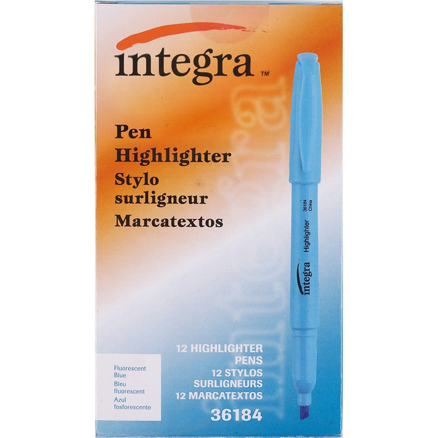 Integra Pen Style Fluorescent Highlighters - Fluorescent Blue Ink - 12 / Dozen