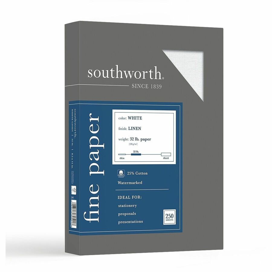 Southworth 25% Cotton Business Paper - Letter - 8 1/2" x 11" - 32 lb Basis Weight - Linen, Textured - Acid-free, Watermarked, Date-coded - White - 250 / Box