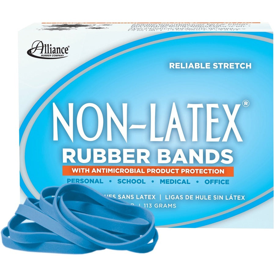 Alliance Rubber Rubber Bands with Antimicrobial Product Protection - Size: #64 - 3.5" Length x 0.3" Width - 0.25 lb/in - Latex-free, Antimicrobial, Stretchable - Synthetic Rubber - Cyan Blue - 1 Box