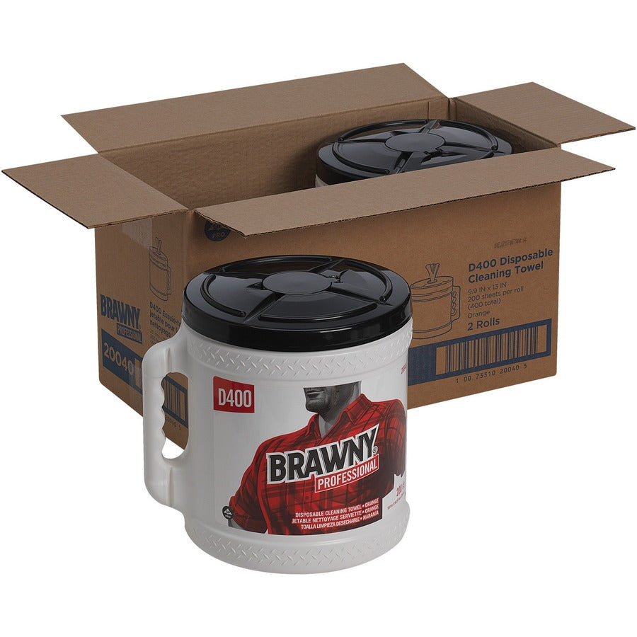 Brawny&reg, Professional D400 Disposable Cleaning Towels With Bucket - 9.90" Width x 13" Length - 200 Sheets/Roll - Orange - 2 / Carton