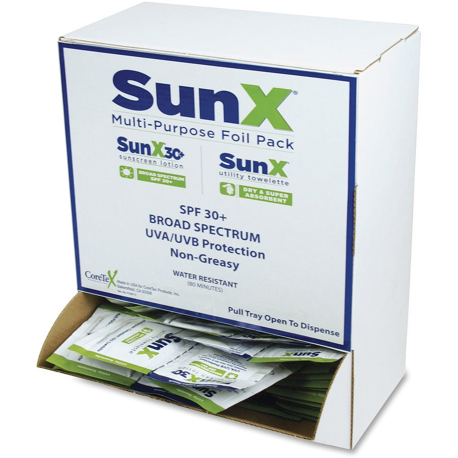 SunX CoreTex SPF30 Sunscreen Towelettes with Dispenser - Lotion - Non-greasy, Water Resistant, Sweat Proof, Oil-free, PABA-free - 50/Dispenser Box - 1 Each