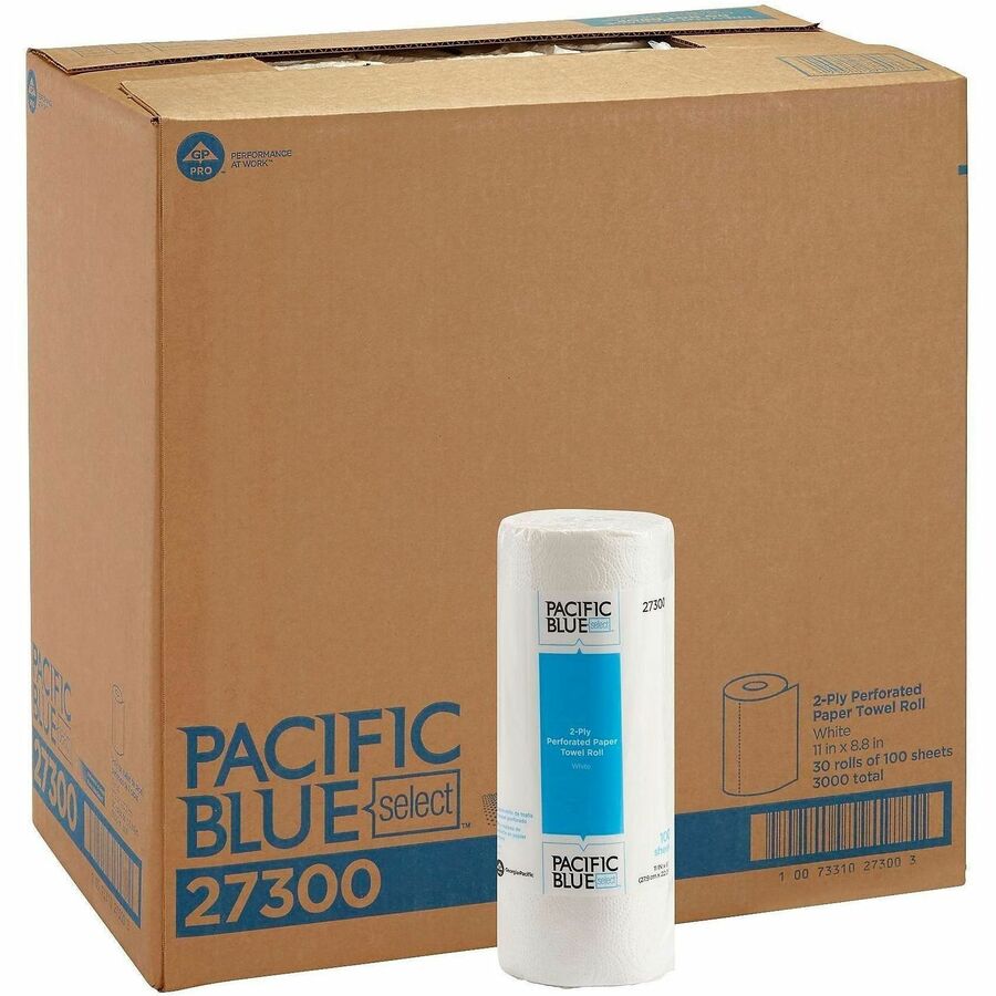Pacific Blue Select Paper Towel Rolls by GP Pro - 2 Ply - 11" Width x 8.80" Length - 100 Sheets/Roll - 4.80" Roll Diameter - 1 5/8" Core - White - Paper - 30 Rolls Per Carton - 30 / Carton