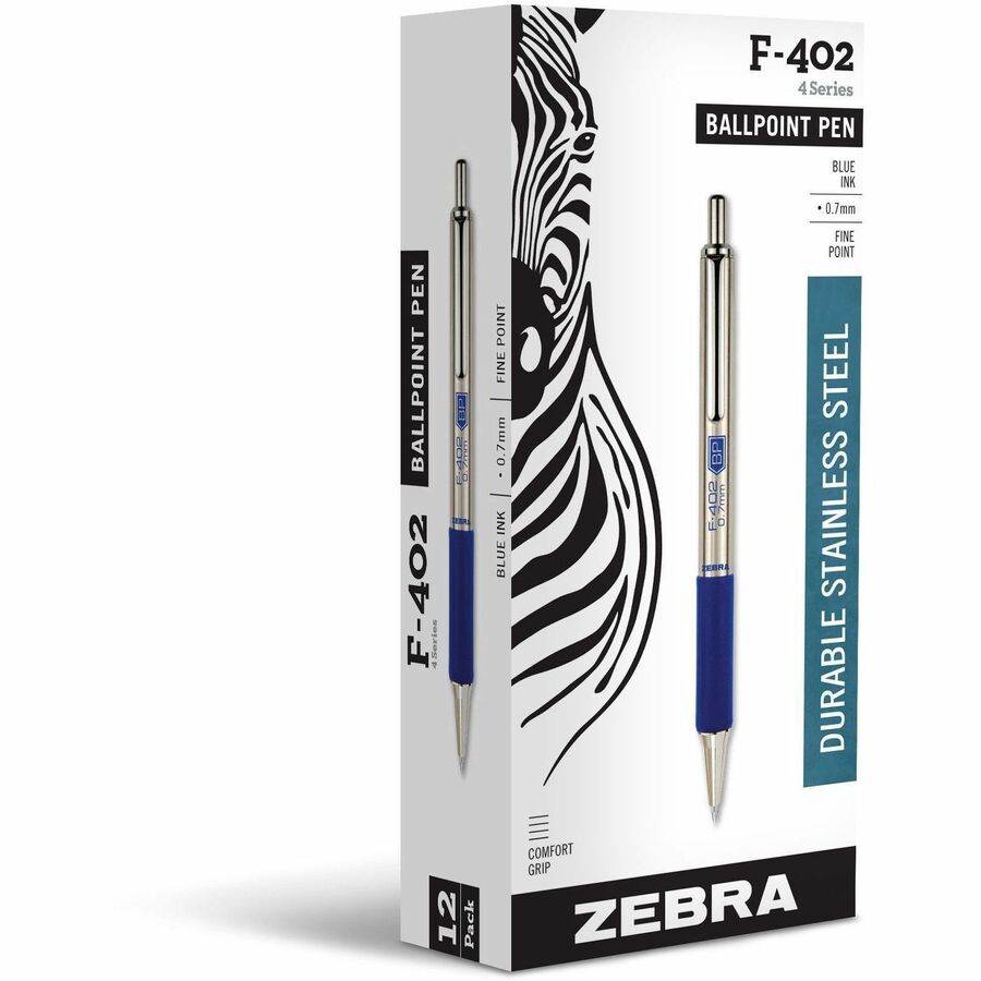 Zebra F-402 Retractable Ballpoint 0.7mm Blue ink - Refillable - Retractable - Blue Ink - Stainless Steel Barrel - 1 Each