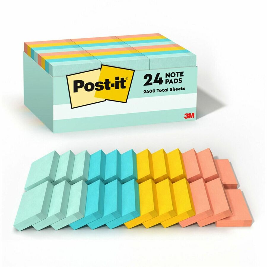 Post-it&reg, Notes Value Pack - Beachside Caf&eacute, Color Collection - 2400 - 1 1/2" Flag/Note Width x 2" Flag/Note Length - Rectangle - Unruled - Fresh Mint, Aqua Splash, Sunnyside, Papaya Fizz - Paper - Self-adhesive, Repositionable - 24 / Pack