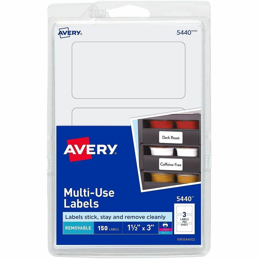 Avery&reg, Removable Labels - 1 1/2" Height x 3" Width - Removable Adhesive - Rectangle - Laser, Inkjet - White - Paper - 3 / Sheet - 50 Total Sheets - 150 Total Label(s) - 150 / Pack