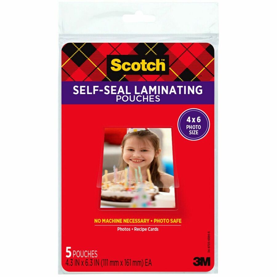 Scotch Self-sealing Photo Laminating Sheets - Laminating Pouch/Sheet Size: 4.30" Width x 6.30" Length x 9.50 mil Thickness - Thick Gloss - for Photo, Document, Lists, Card, Recipe, Artwork - Acid-free, Photo-safe, Double Sided, Self-sealing - Clear - 5...