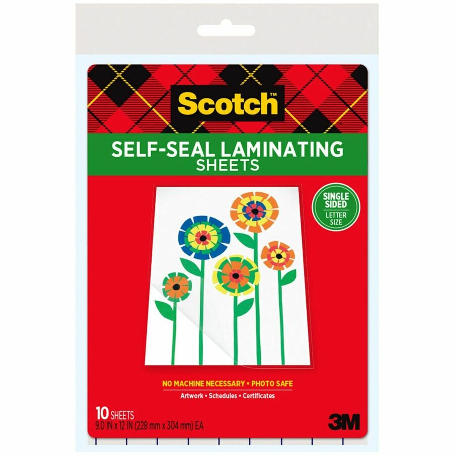 Scotch Self-Seal Laminating Pouches - Sheet Size Supported: Letter 8.50" Width x 11" Length x 9.6 mil Thickness - Laminating Pouch/Sheet Size: 9" Width x 12" Length x 6 mil Thickness - Glossy - for Document, Schedule, Presentation, Phone List, Certific...