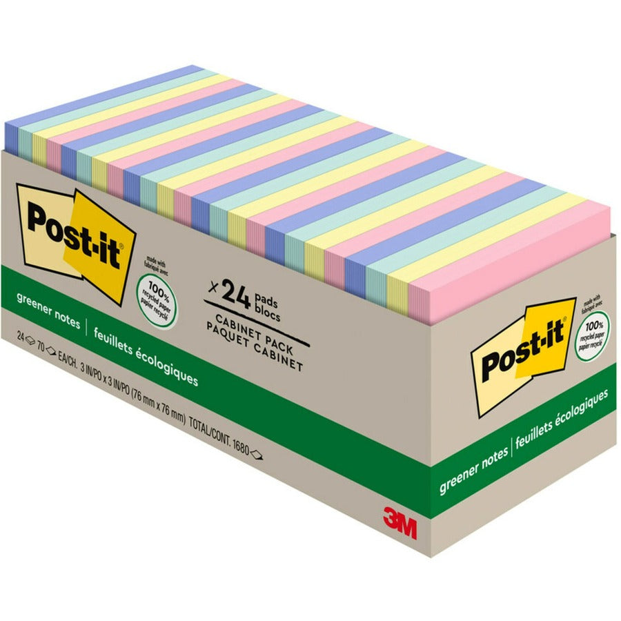Post-it&reg, Greener Notes Cabinet Pack - Sweet Sprinkles Color Collection - 1800 x Assorted - 3" Flag/Note Width x 3" Flag/Note Length - Square - 75 Sheets per Pad - Unruled - Positively Pink, Canary Yellow, Fresh Mint, Moonstone - Paper - Repositiona...